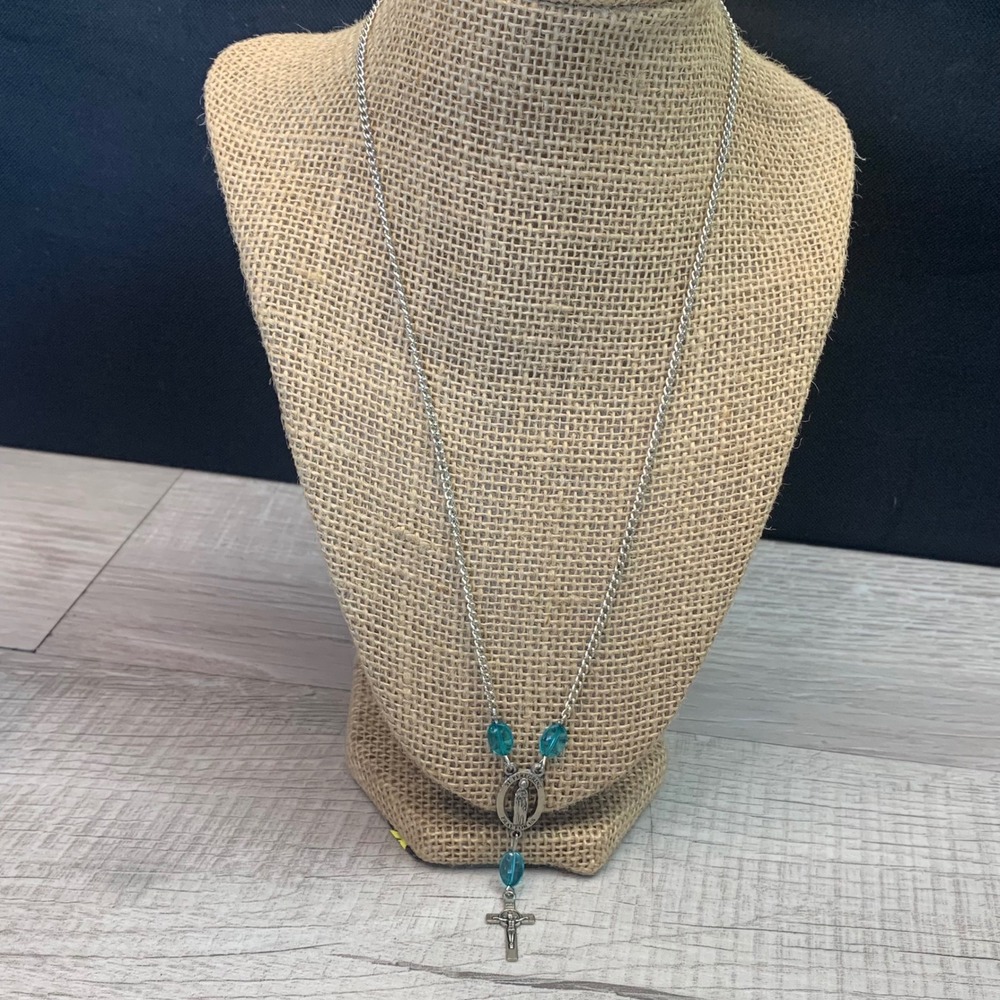 St Peregrine Patron Saint of Cancer Medal Necklace Teal Beads 20" Silver Tone